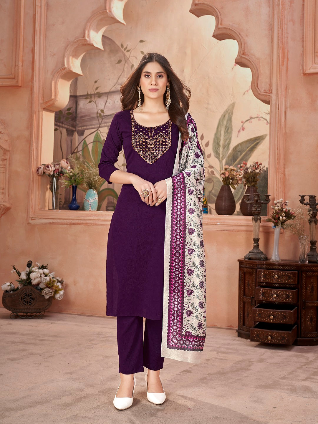 Violet Solid &amp; Embroidered Crepe Straight Kurta Pant Dupatta Set