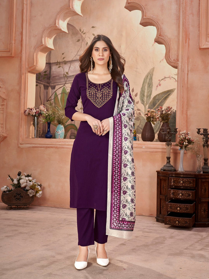 Violet Solid &amp; Embroidered Crepe Straight Kurta Pant Dupatta Set