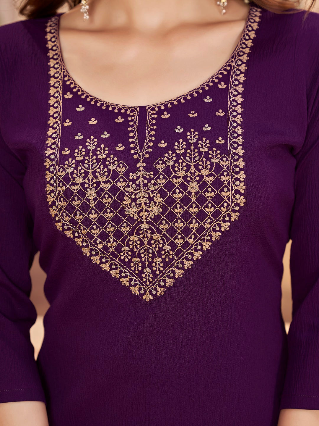 Violet Solid &amp; Embroidered Crepe Straight Kurta Pant Dupatta Set