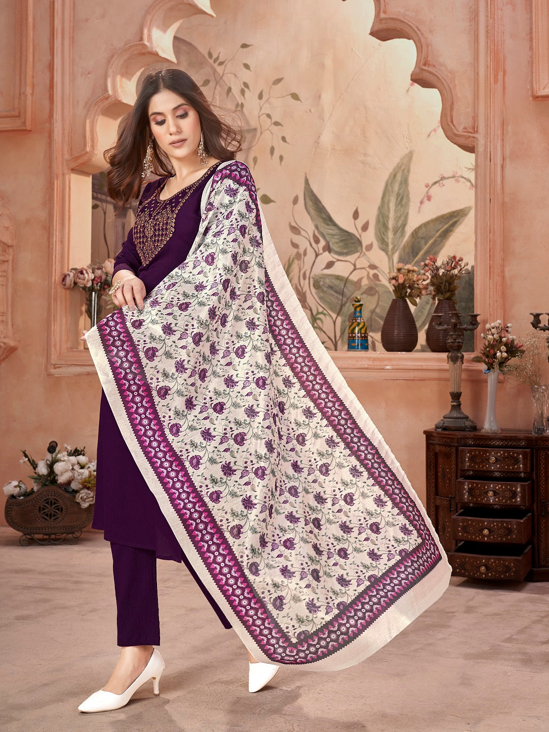 Violet Solid &amp; Embroidered Crepe Straight Kurta Pant Dupatta Set