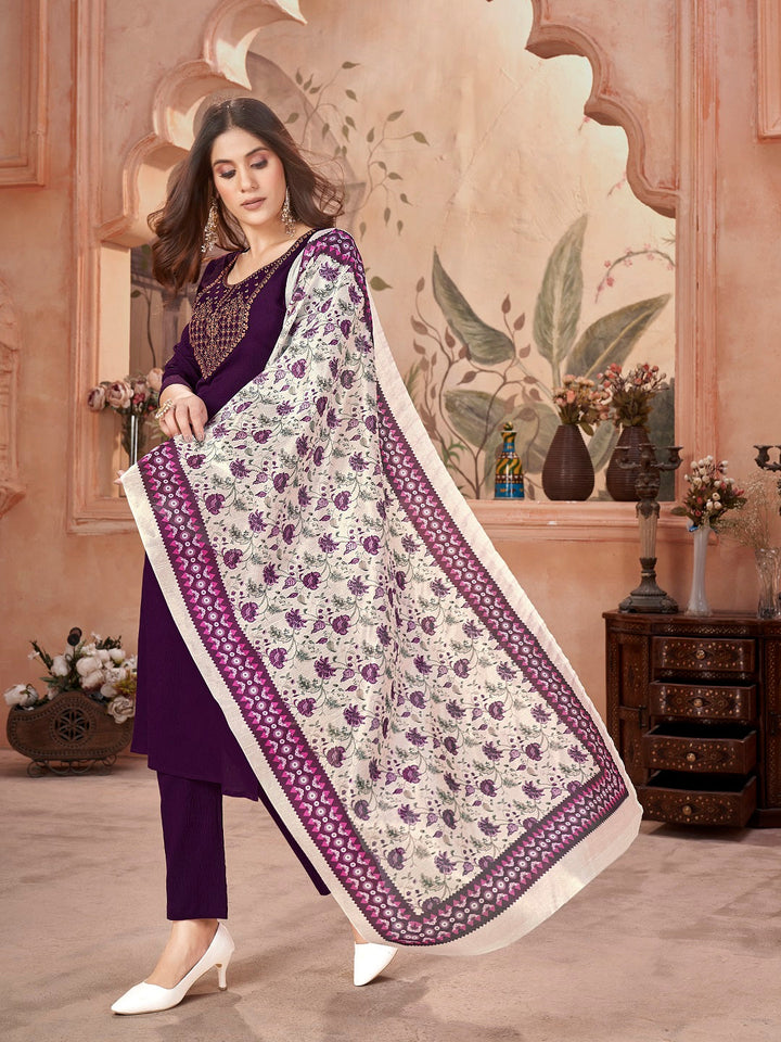 Violet Solid &amp; Embroidered Crepe Straight Kurta Pant Dupatta Set