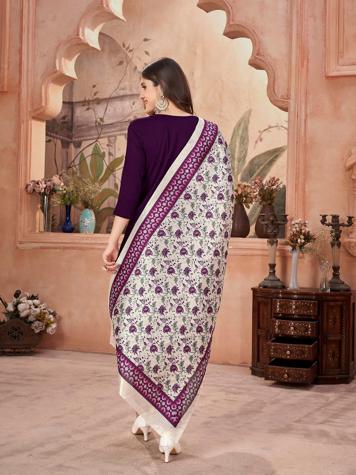 Violet Solid &amp; Embroidered Crepe Straight Kurta Pant Dupatta Set