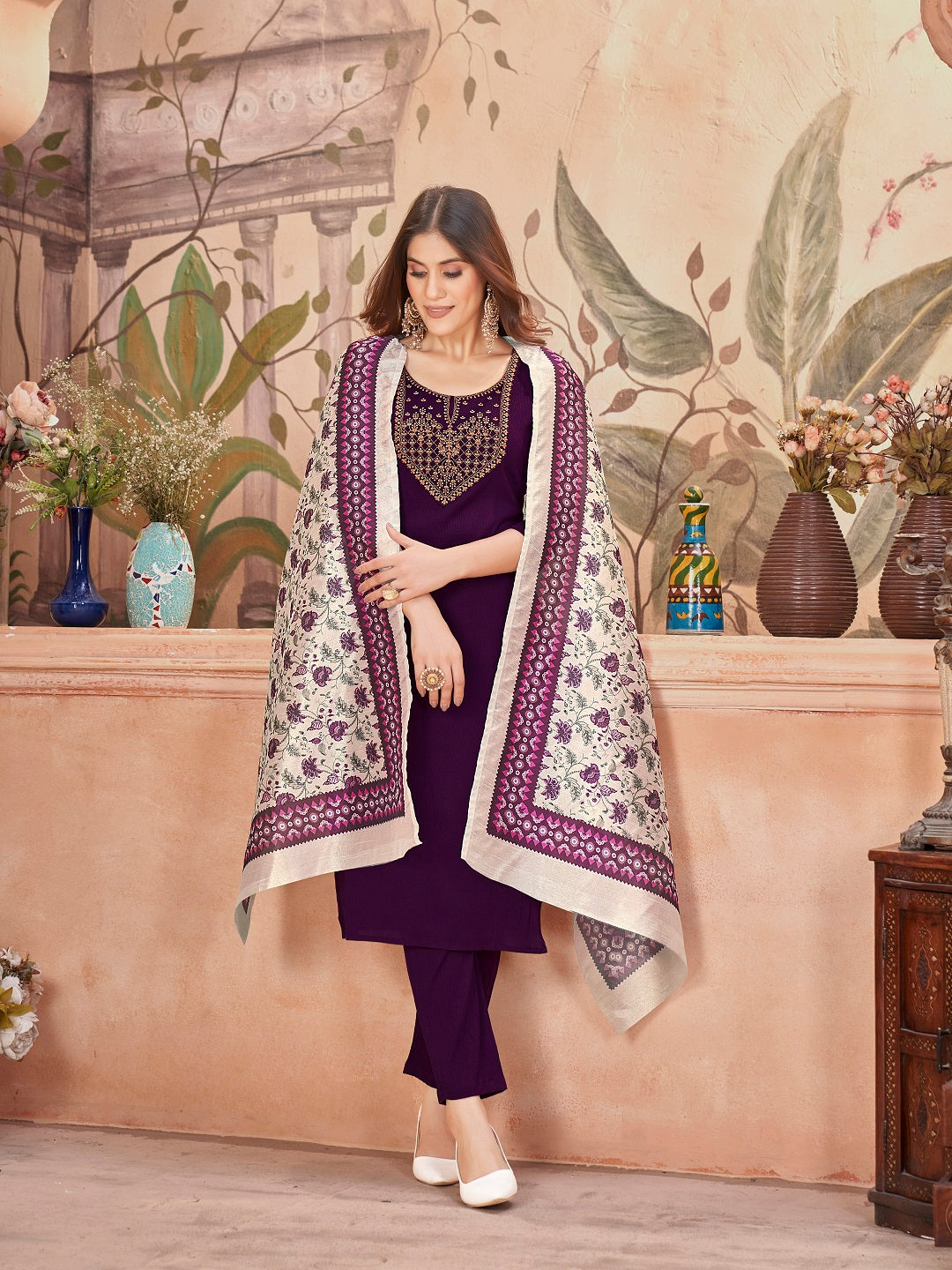 Violet Solid &amp; Embroidered Crepe Straight Kurta Pant Dupatta Set
