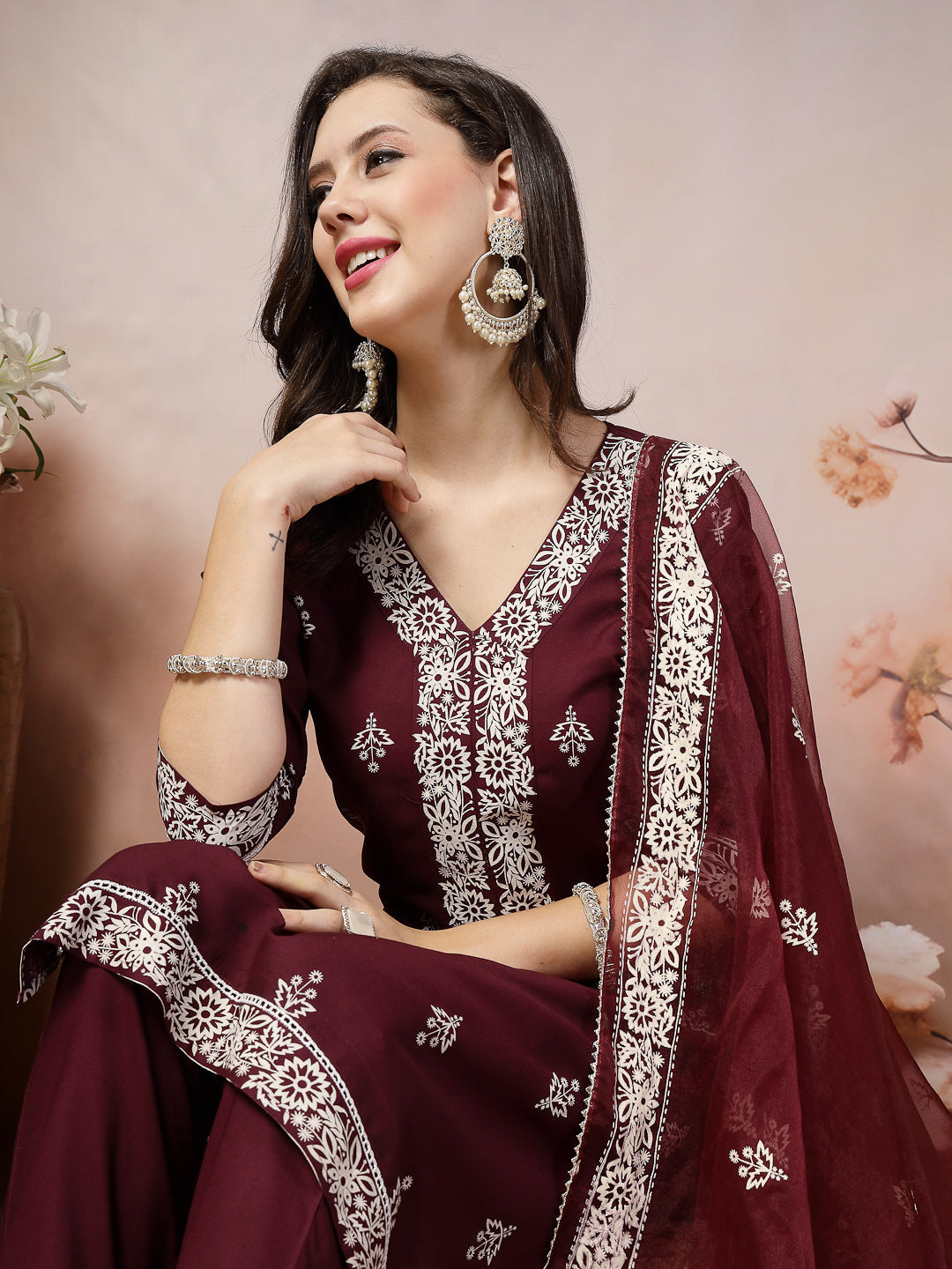 Wine Ethnic Motif Printed & Embroidered Rayon Straight Kurta Pant Dupatta Set