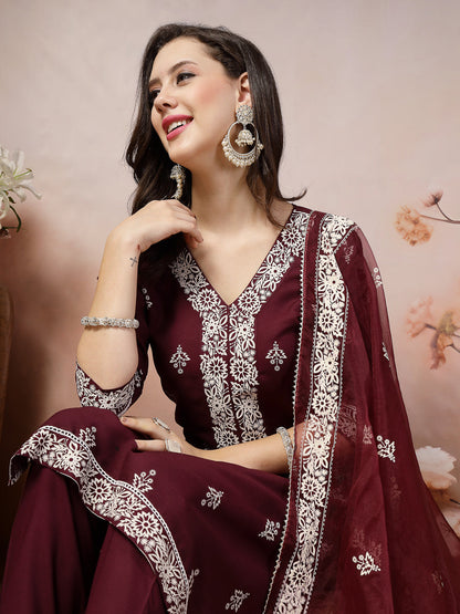 Wine Ethnic Motif Printed & Embroidered Rayon Straight Kurta Pant Dupatta Set