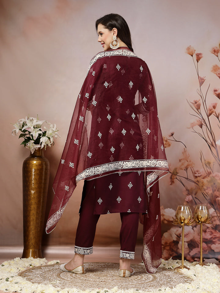 Wine Ethnic Motif Printed &amp; Embroidered Rayon Straight Kurta Pant Dupatta Set