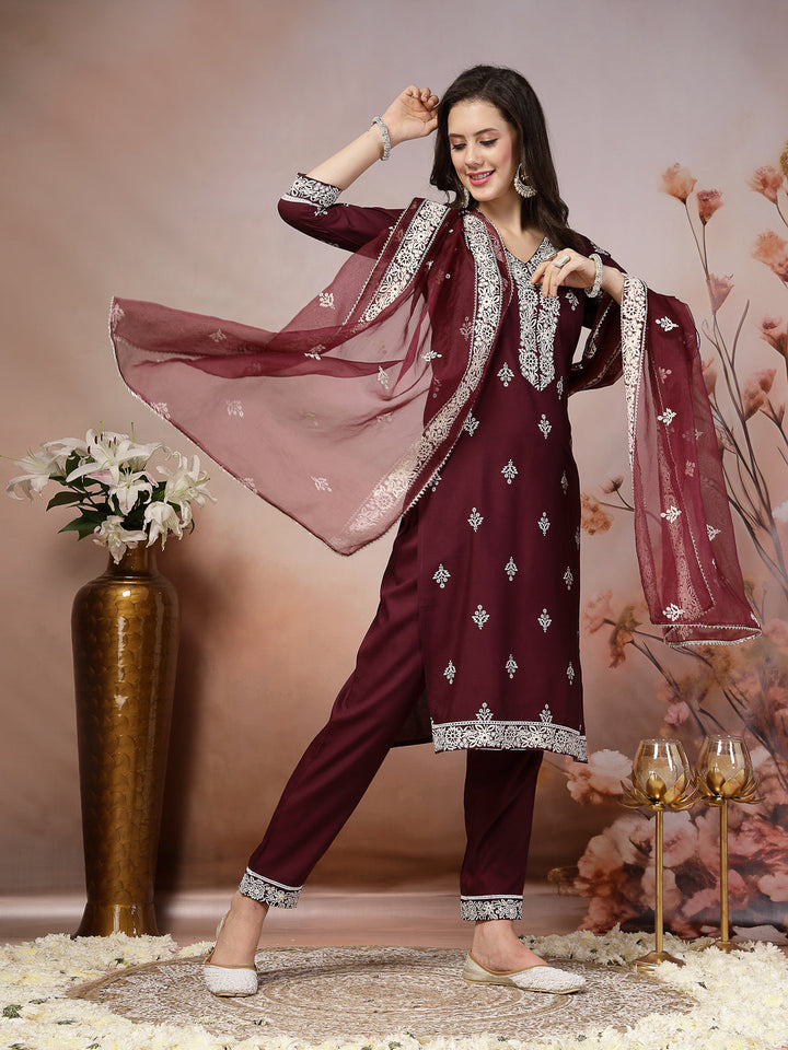 Wine Ethnic Motif Printed &amp; Embroidered Rayon Straight Kurta Pant Dupatta Set