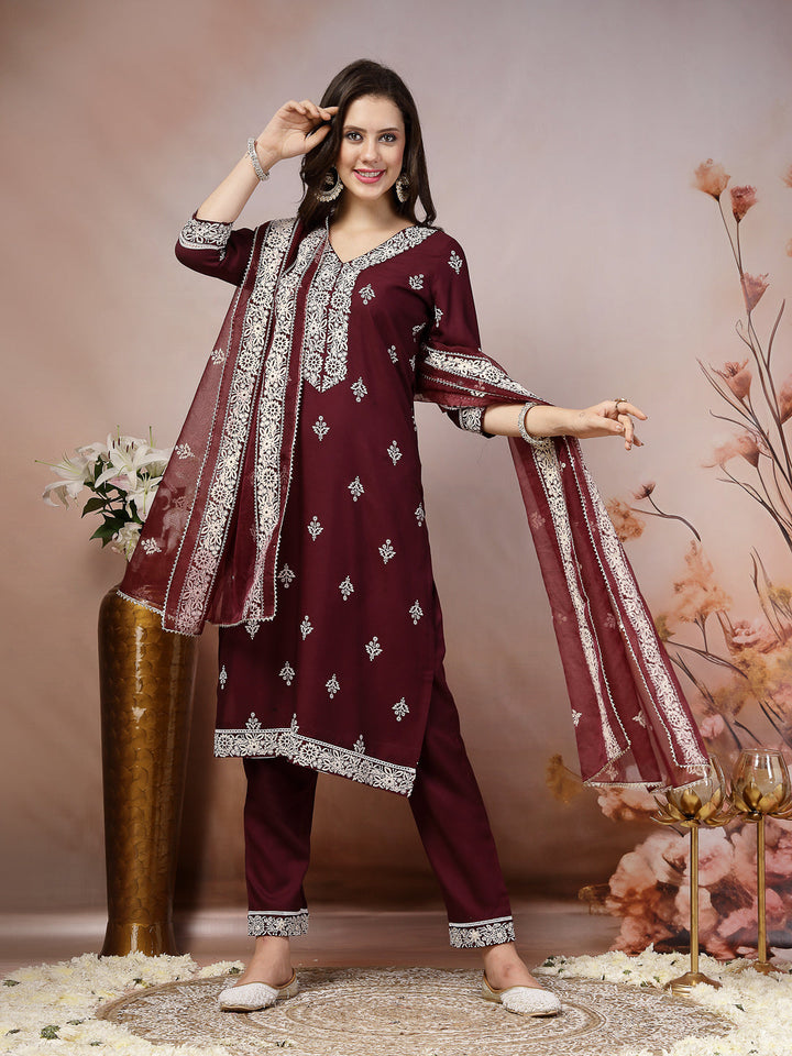 Wine Ethnic Motif Printed &amp; Embroidered Rayon Straight Kurta Pant Dupatta Set