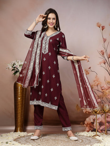 Wine Ethnic Motif Printed & Embroidered Rayon Straight Kurta Pant Dupatta Set (Pre-Order)