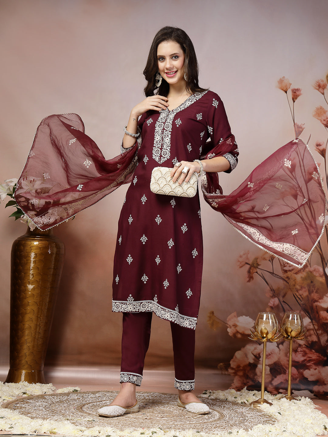 Wine Ethnic Motif Printed & Embroidered Rayon Straight Kurta Pant Dupatta Set (Pre-Order)