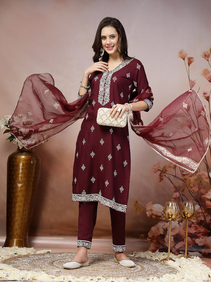 Wine Ethnic Motif Printed & Embroidered Rayon Straight Kurta Pant Dupatta Set (Pre-Order)