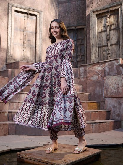 Wine Ajrak Printed Cotton Anarkali Kurta Pant Dupatta Set (Pre-Order)