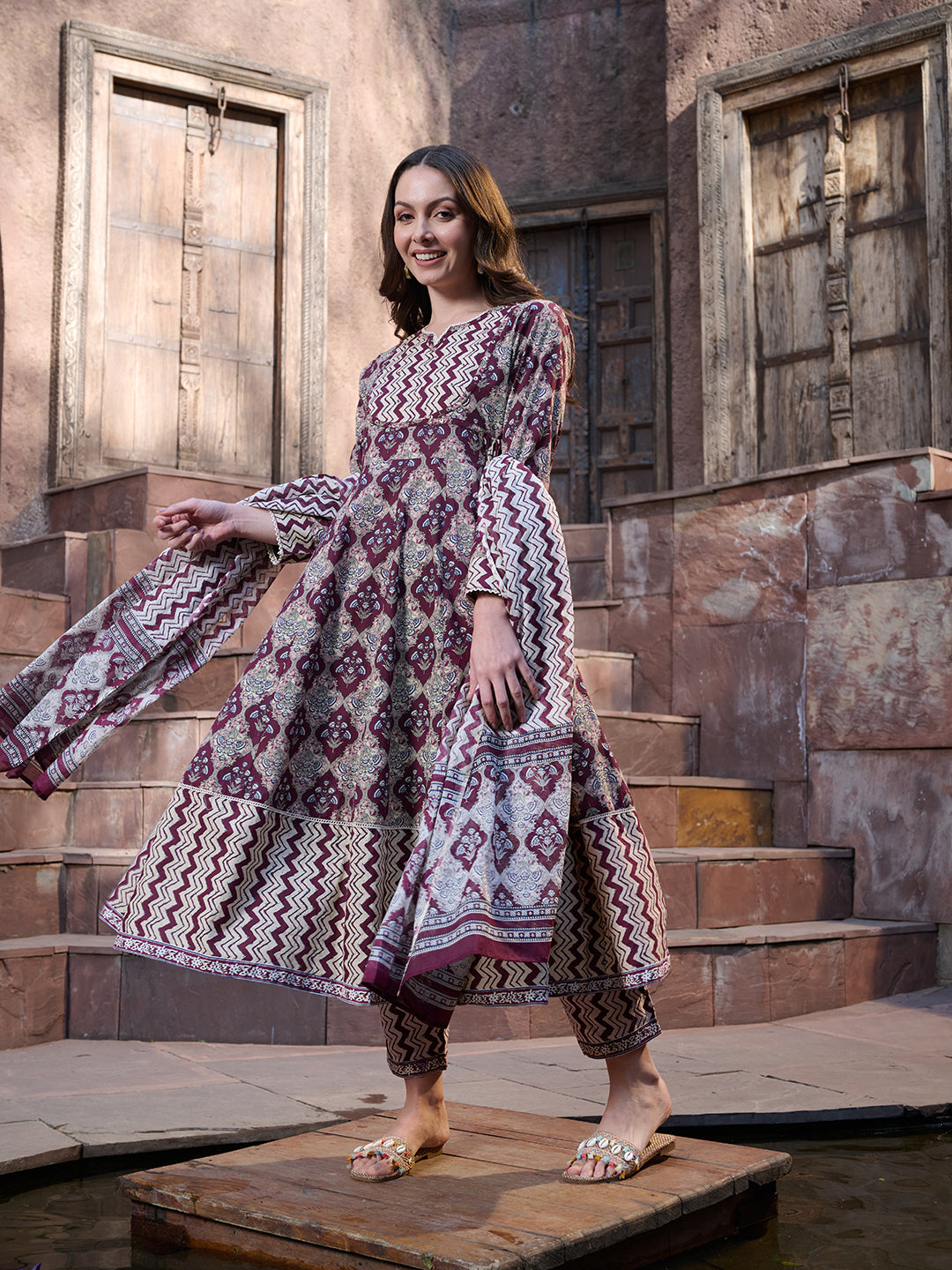 Wine Ajrak Printed Cotton Anarkali Kurta Pant Dupatta Set