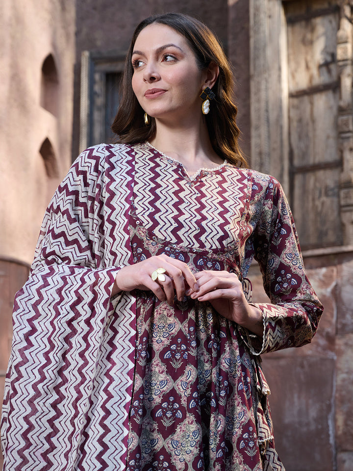 Wine Ajrak Printed Cotton Anarkali Kurta Pant Dupatta Set