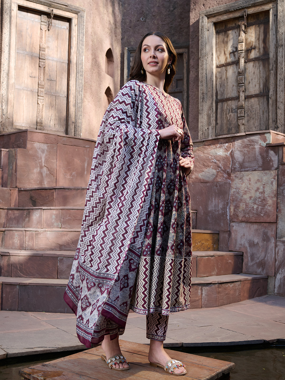 Wine Ajrak Printed Cotton Anarkali Kurta Pant Dupatta Set