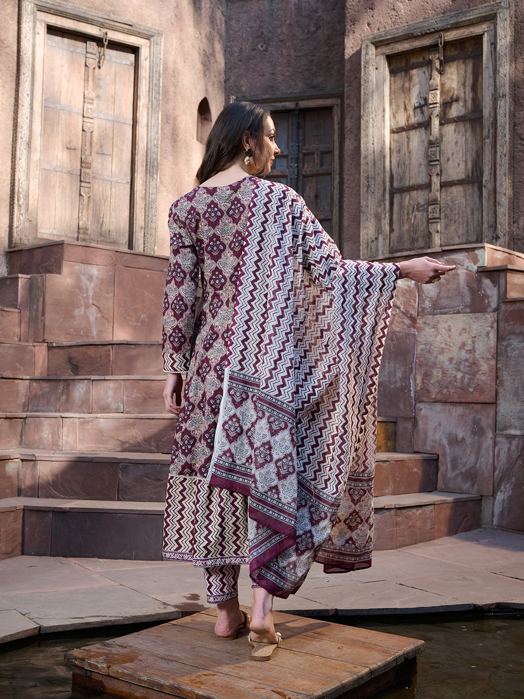 Wine Ajrak Printed Cotton Anarkali Kurta Pant Dupatta Set