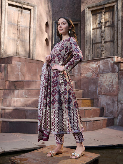 Wine Ajrak Printed Cotton Anarkali Kurta Pant Dupatta Set