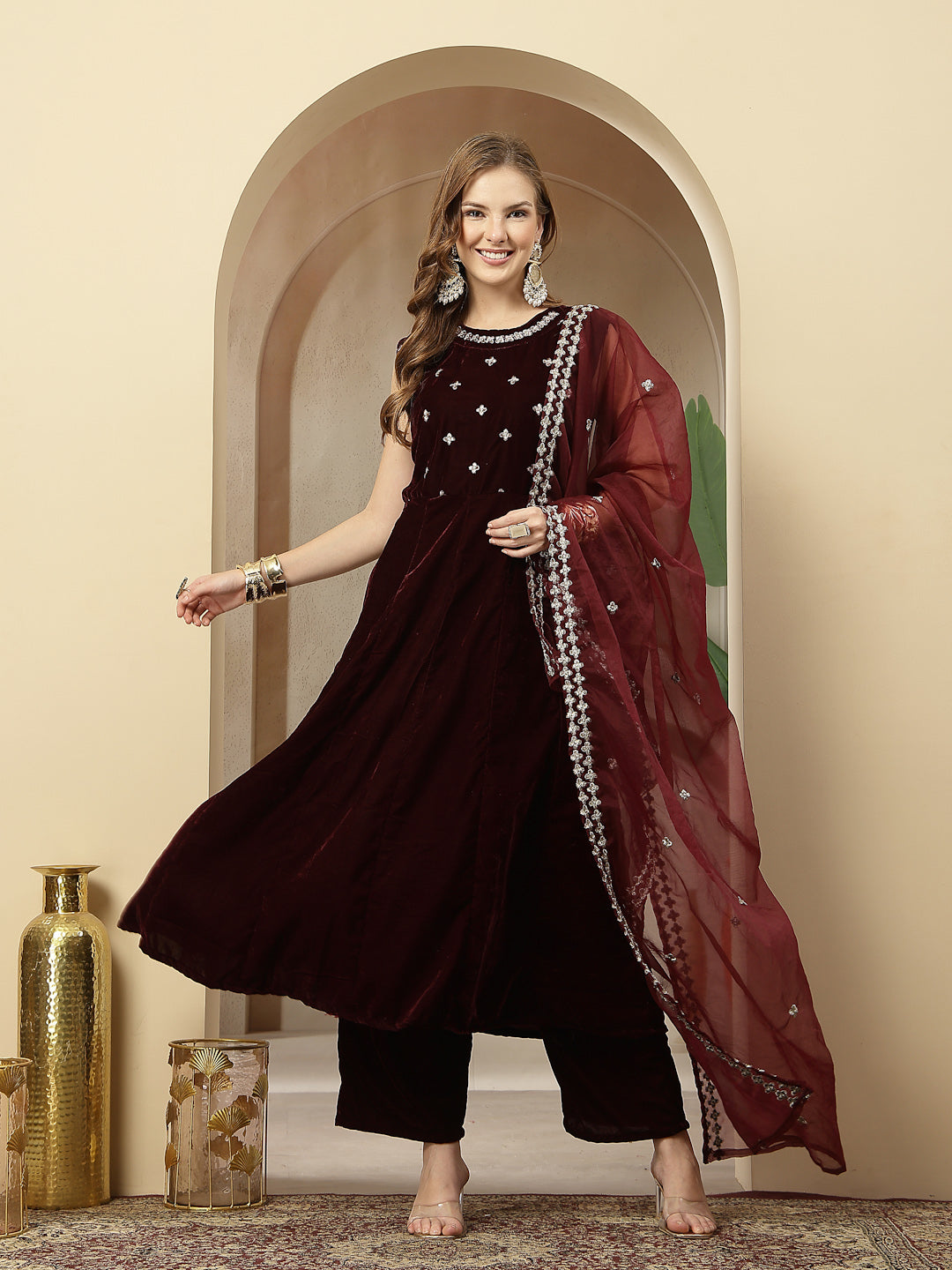 Women's Wine Solid & Embellished Velvet Anarkali Kurta Pant Dupatta Set