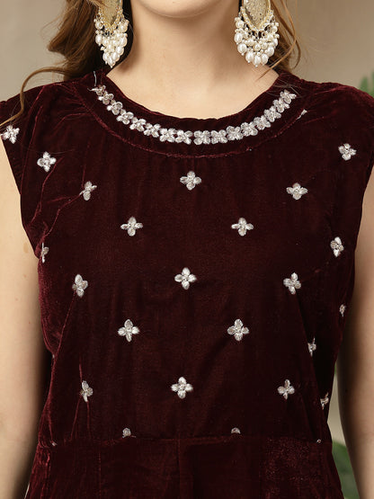 Women's Wine Solid & Embellished Velvet Anarkali Kurta Pant Dupatta Set