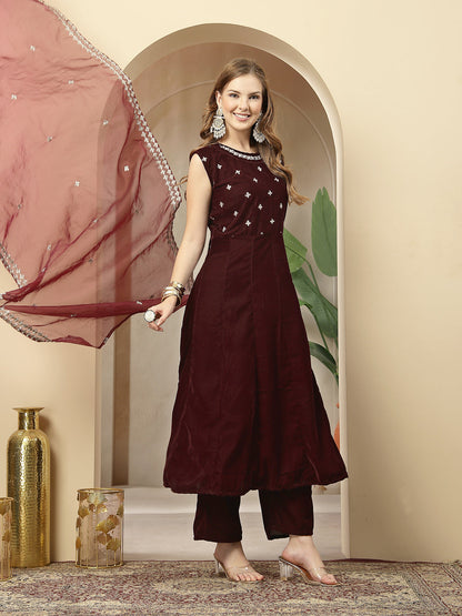 Women's Wine Solid & Embellished Velvet Anarkali Kurta Pant Dupatta Set