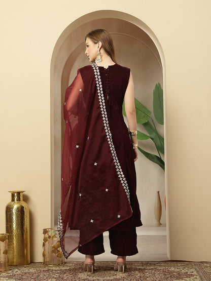 Women's Wine Solid & Embellished Velvet Anarkali Kurta Pant Dupatta Set