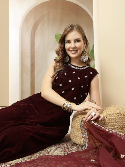 Women's Wine Solid & Embellished Velvet Anarkali Kurta Pant Dupatta Set