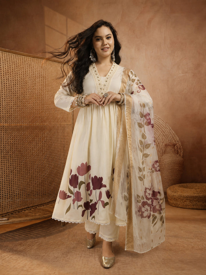 Size Wine Floral Printed Rayon Flared Kurta Palazzo Dupatta Set