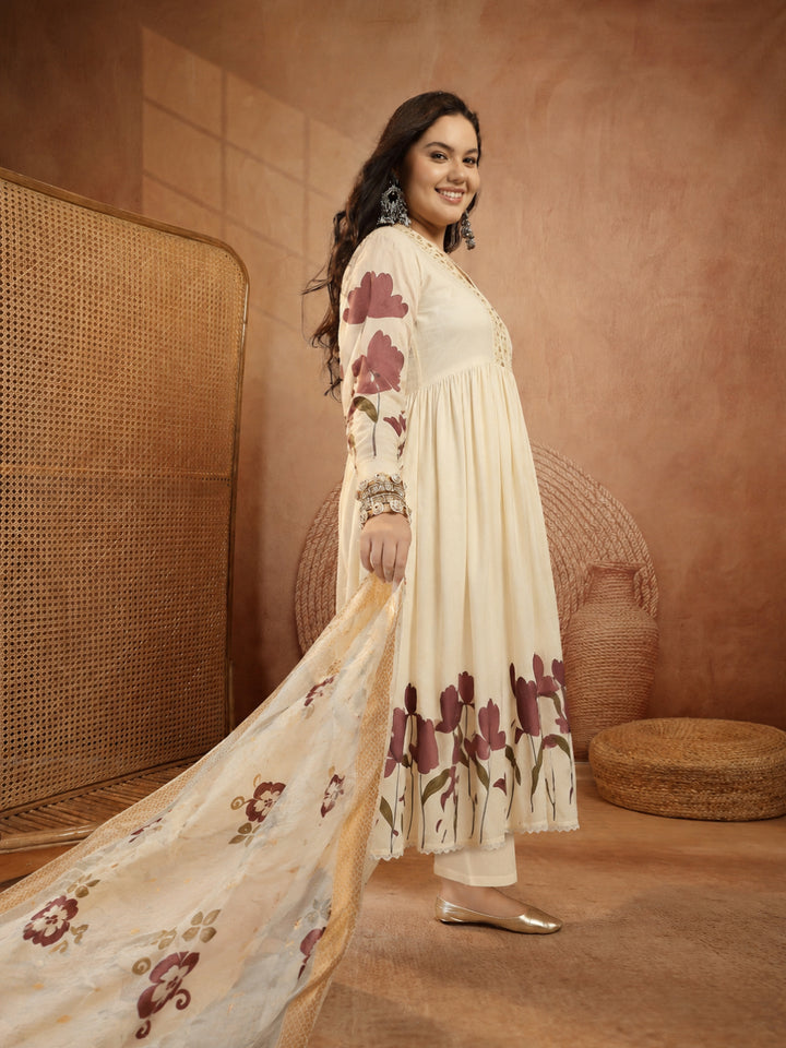 Size Wine Floral Printed Rayon Flared Kurta Palazzo Dupatta Set