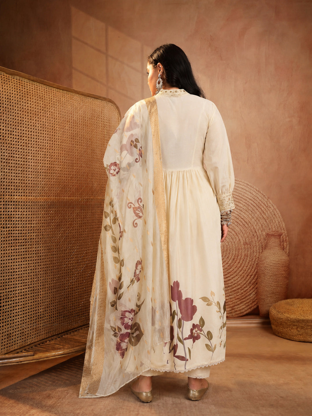 Size Wine Floral Printed Rayon Flared Kurta Palazzo Dupatta Set