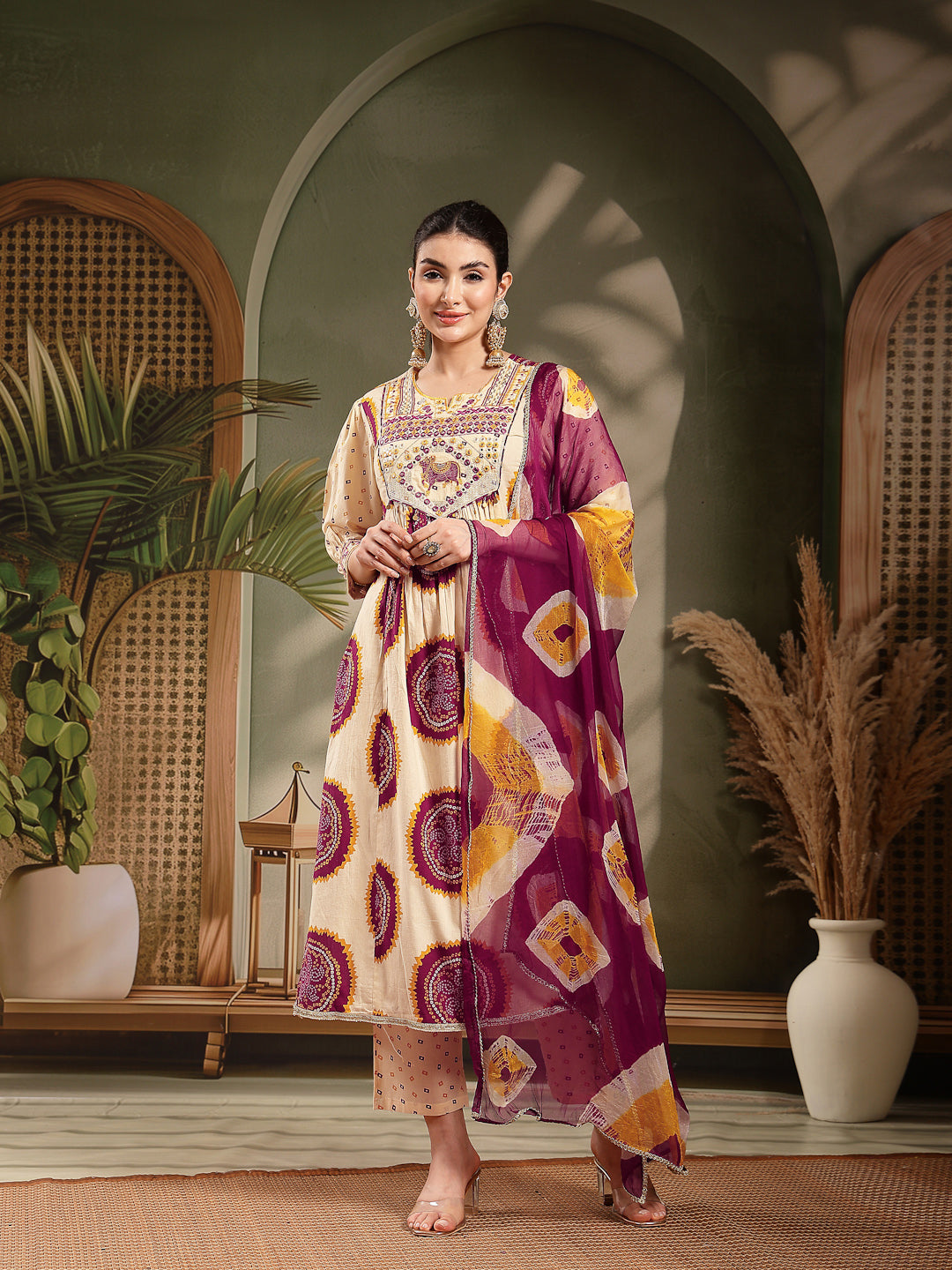 Wine Bandhej Printed &amp; Embroidered Cotton A-Line Kurta Pant Dupatta Set