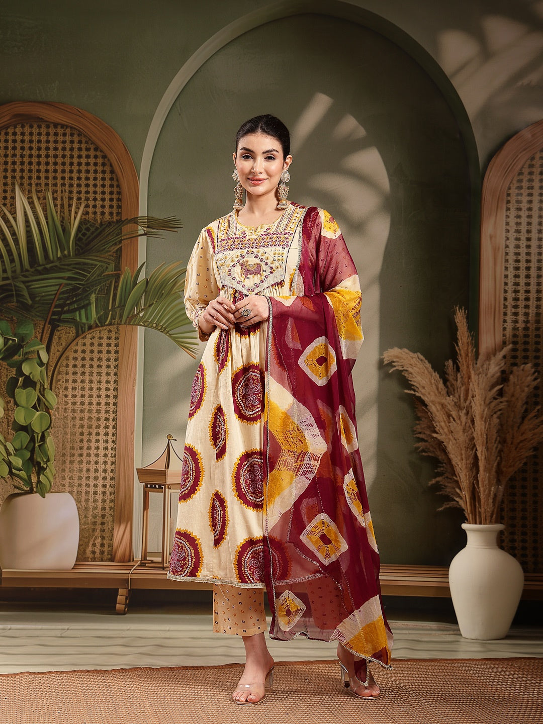 Wine Bandhej Printed & Embroidered Cotton A-Line Kurta Pant Dupatta Set