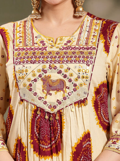 Wine Bandhej Printed & Embroidered Cotton A-Line Kurta Pant Dupatta Set