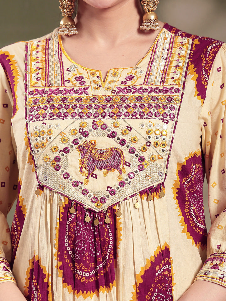 Wine Bandhej Printed &amp; Embroidered Cotton A-Line Kurta Pant Dupatta Set