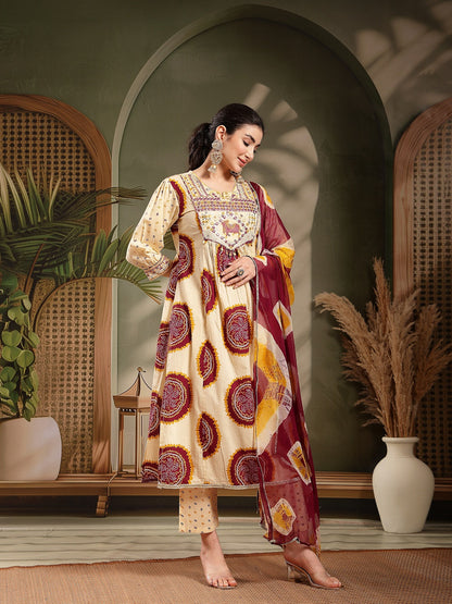 Wine Bandhej Printed & Embroidered Cotton A-Line Kurta Pant Dupatta Set