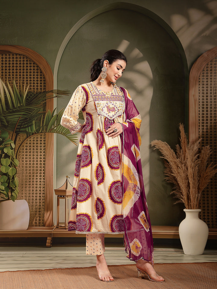 Wine Bandhej Printed &amp; Embroidered Cotton A-Line Kurta Pant Dupatta Set