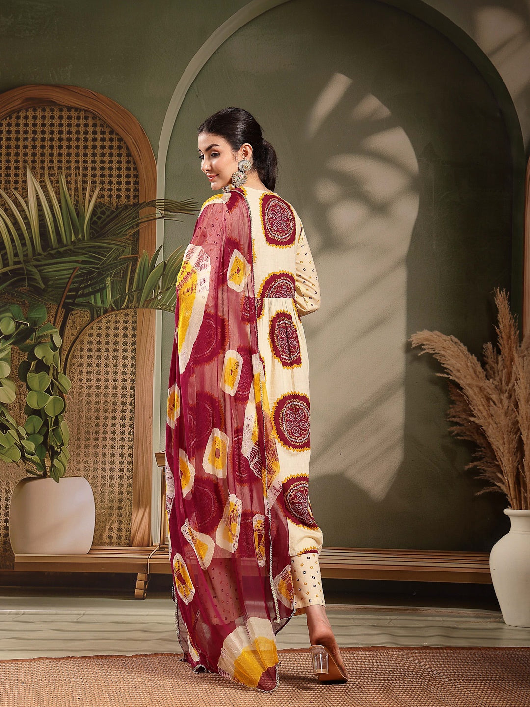 Wine Bandhej Printed & Embroidered Cotton A-Line Kurta Pant Dupatta Set