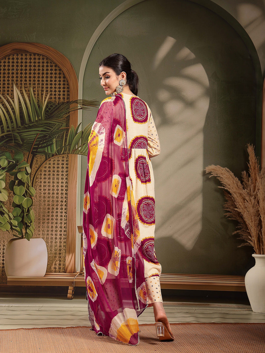 Wine Bandhej Printed &amp; Embroidered Cotton A-Line Kurta Pant Dupatta Set