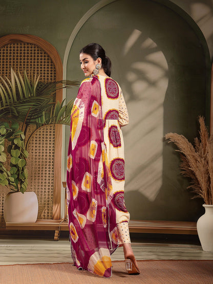Wine Bandhej Printed & Embroidered Cotton A-Line Kurta Pant Dupatta Set