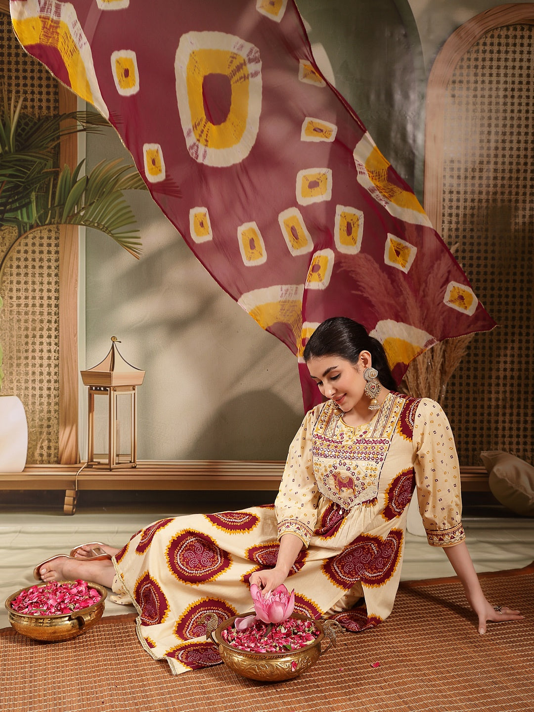 Wine Bandhej Printed & Embroidered Cotton A-Line Kurta Pant Dupatta Set