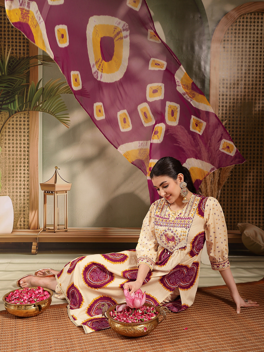 Wine Bandhej Printed &amp; Embroidered Cotton A-Line Kurta Pant Dupatta Set