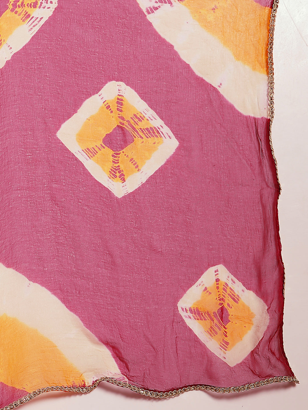 Wine Bandhej Printed &amp; Embroidered Cotton A-Line Kurta Pant Dupatta Set