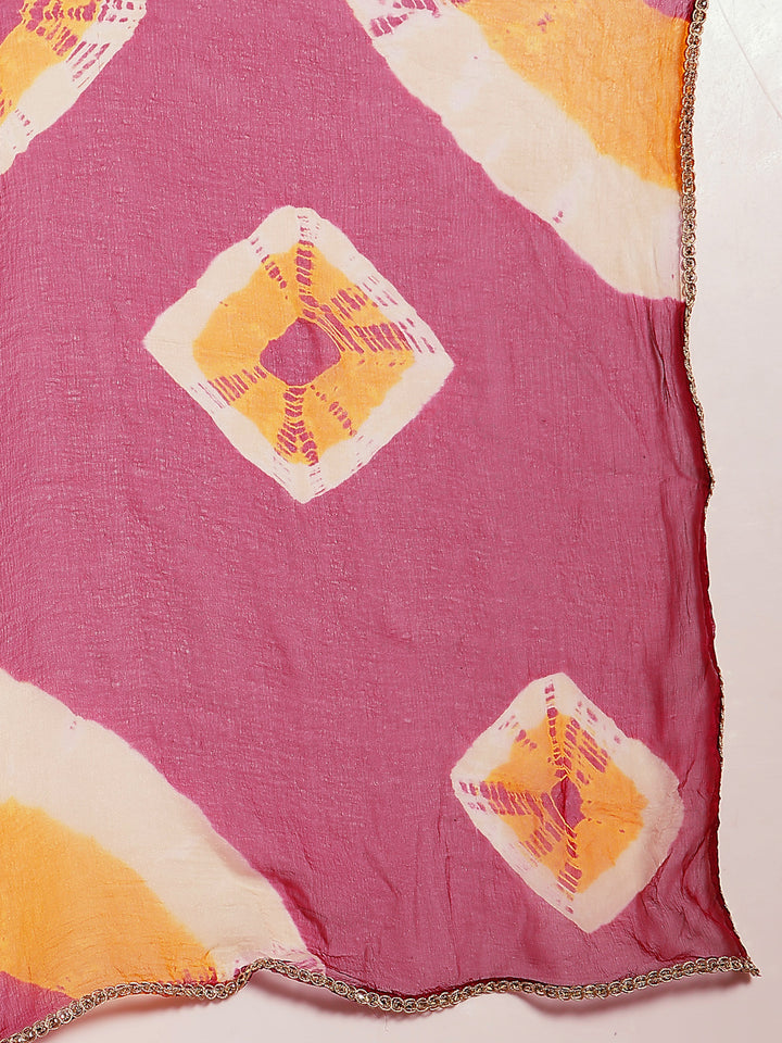 Wine Bandhej Printed &amp; Embroidered Cotton A-Line Kurta Pant Dupatta Set