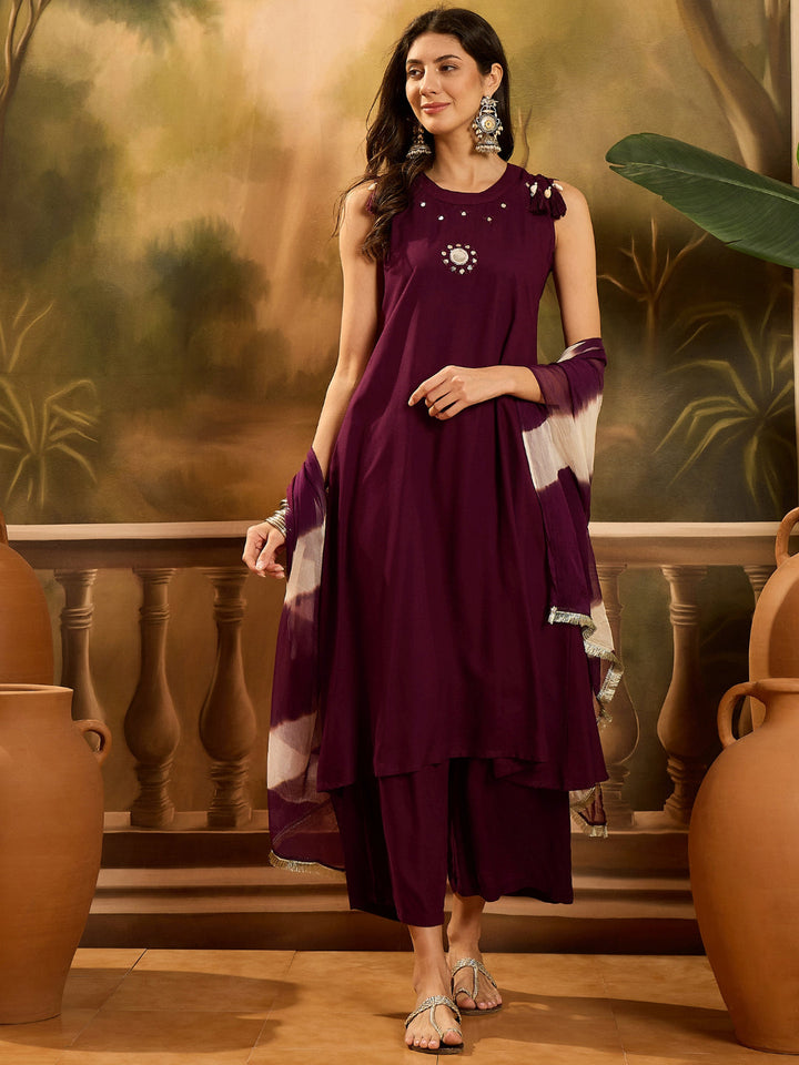 Solid &amp; Embroidered Rayon A-Line Kurta Palazzo Dupatta Set