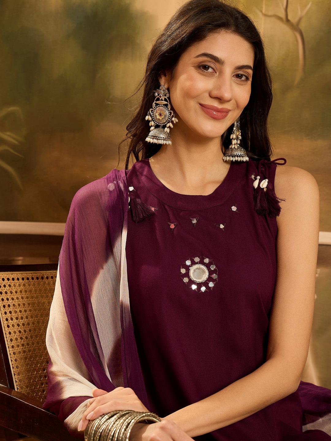 Solid &amp; Embroidered Rayon A-Line Kurta Palazzo Dupatta Set