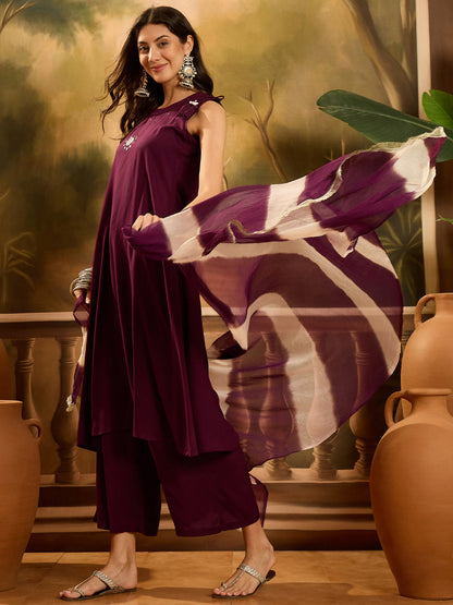 Solid & Embroidered Rayon A-Line Kurta Palazzo Dupatta Set