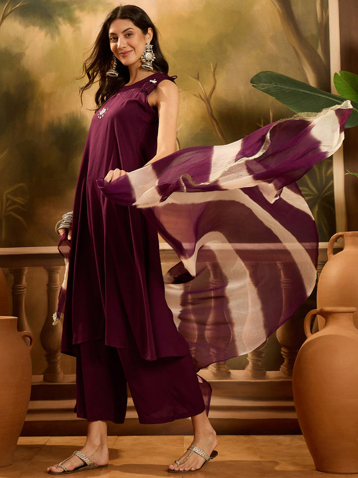 Solid &amp; Embroidered Rayon A-Line Kurta Palazzo Dupatta Set