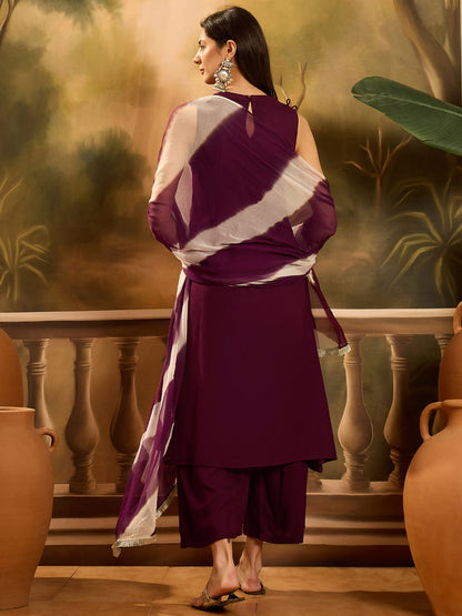 Solid & Embroidered Rayon A-Line Kurta Palazzo Dupatta Set