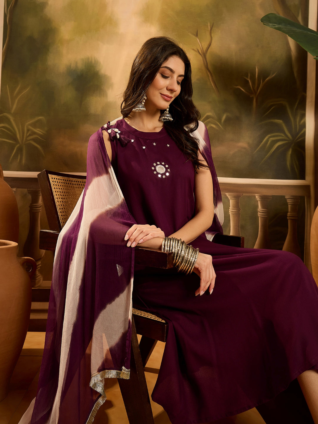 Solid &amp; Embroidered Rayon A-Line Kurta Palazzo Dupatta Set