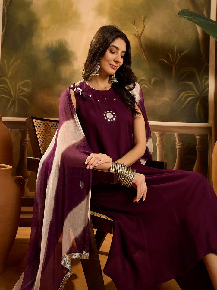 Solid &amp; Embroidered Rayon A-Line Kurta Palazzo Dupatta Set