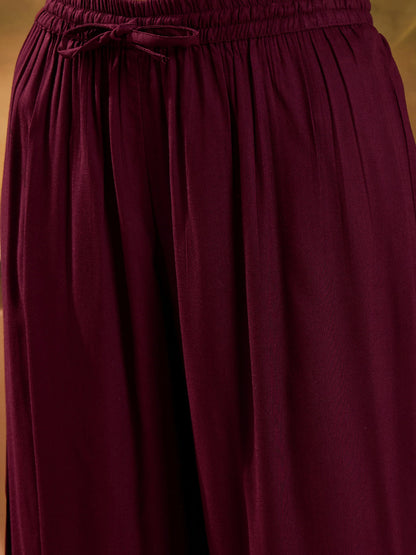 Solid & Embroidered Rayon A-Line Kurta Palazzo Dupatta Set